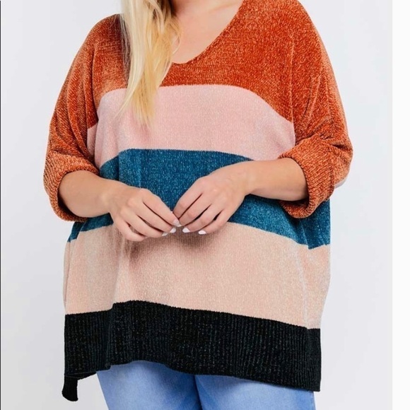PLUS size striped V neck 3/4 sleeve sweater - Picture 1 of 3
